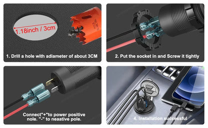 3 Ports Quick Charge Dual PD & QC 3.0 112W Aperture Car Charger Outlet Socket For 12V 24V Motorcycle Boat Marine Truck ATV