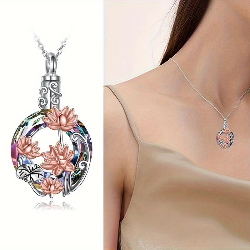 1PCS Lotus Crystal Urn Necklaces For Pet Ashes Container Round Cremation Keepsake Jewelry For Pet Memorial Women Necklace