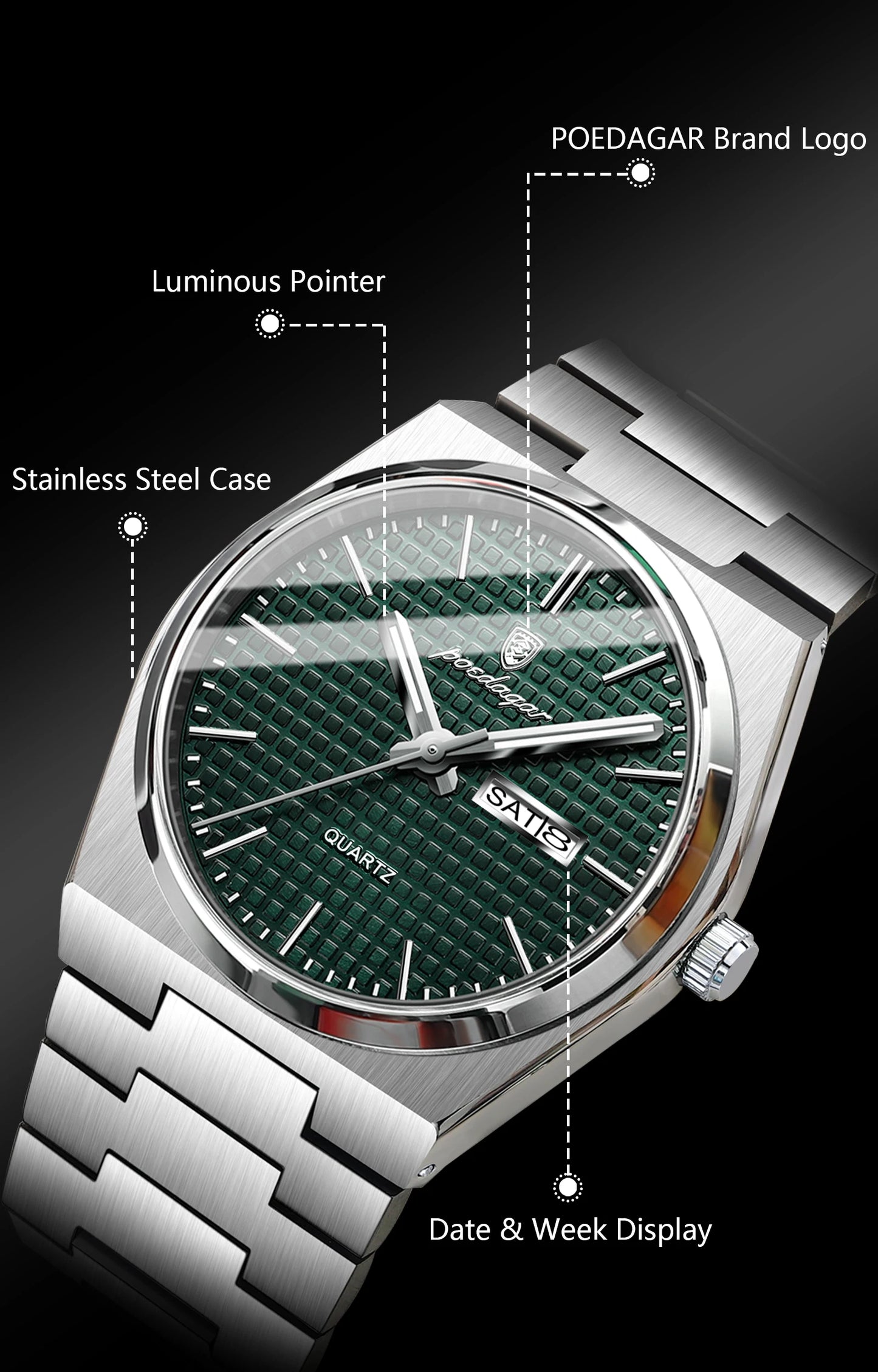 POEDAGAR Luxury Original Man Watch Waterproof Stainless Steel Luminous Men's Wristwatch Date Week Quartz Fashion Watches For Men