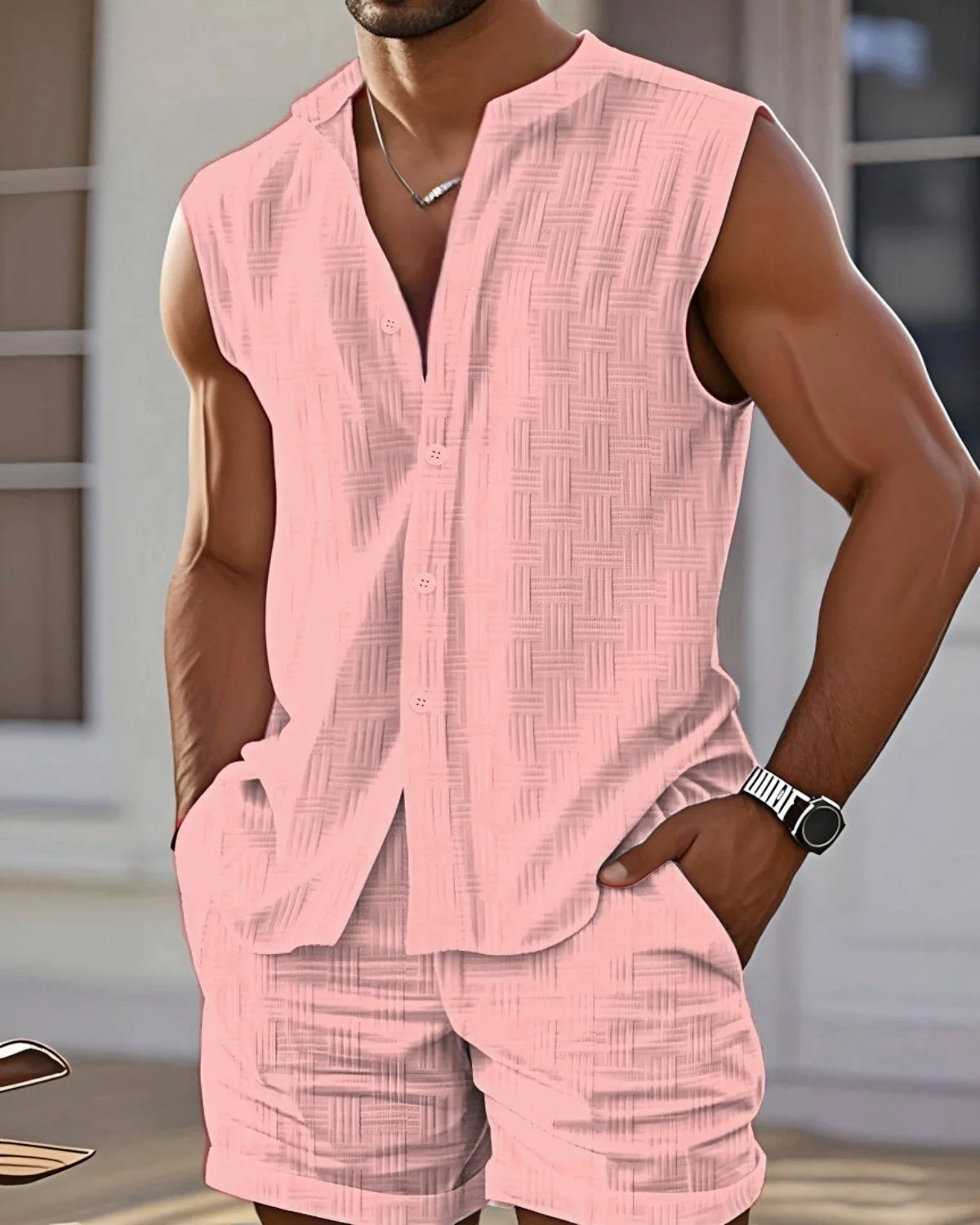 Men's Summer Casual Beach Stand-Up Collar Set Jacquard Solid-Color Sleeveless Shirt And Shorts Fashionable Comfortable Two-Piece