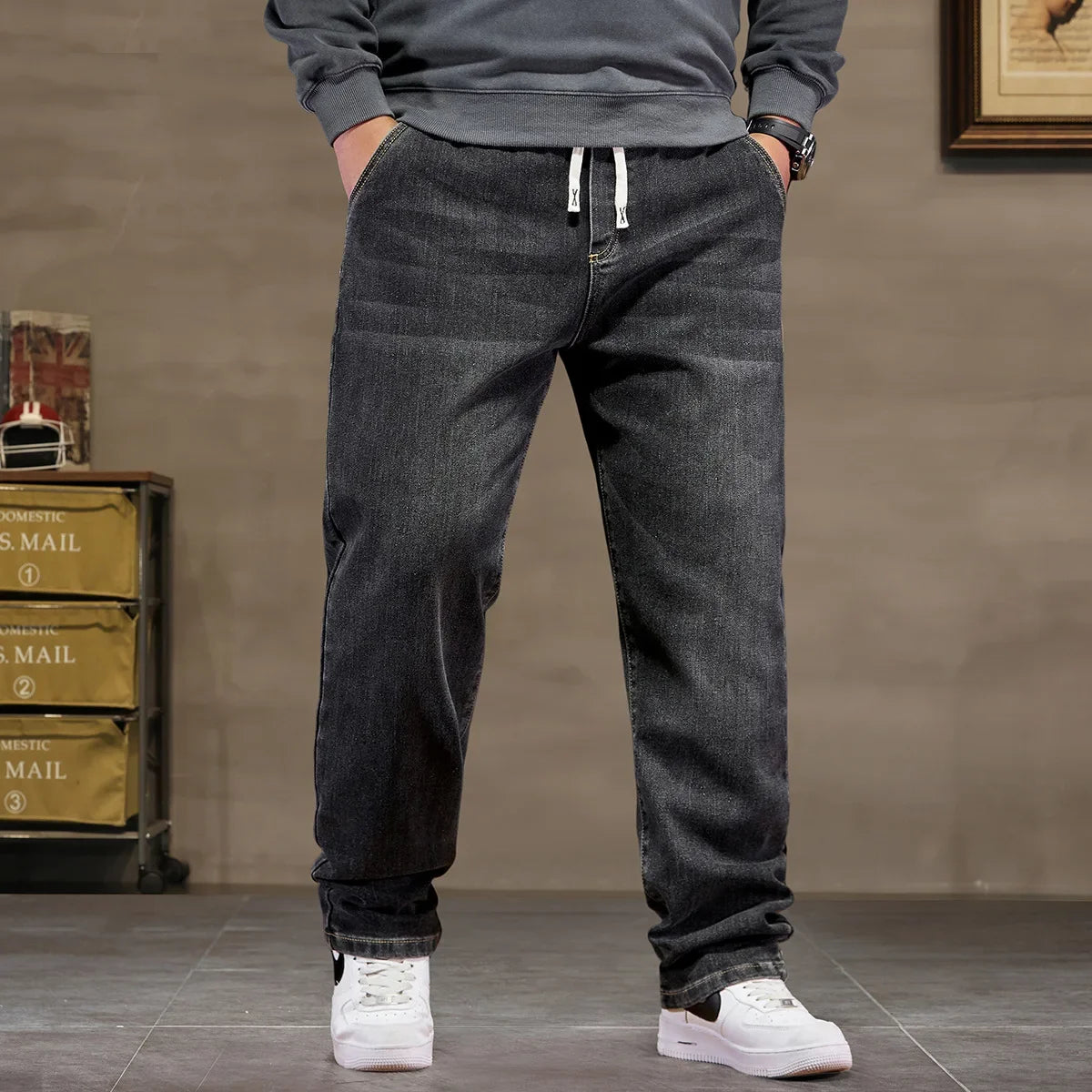 Extra Big Size Jeans Men High Elastic Waist Baggy Denim Pant Male Plus Large Loose Slim Fit Cowboy Trouser 8XL 6XL Classic Black