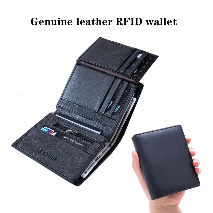 Men Wallet Genuine Leather Wallets for Men Zipper Purse Vertical Business Wallets RFID Anti-Theft Credit Card Holder Money Bag