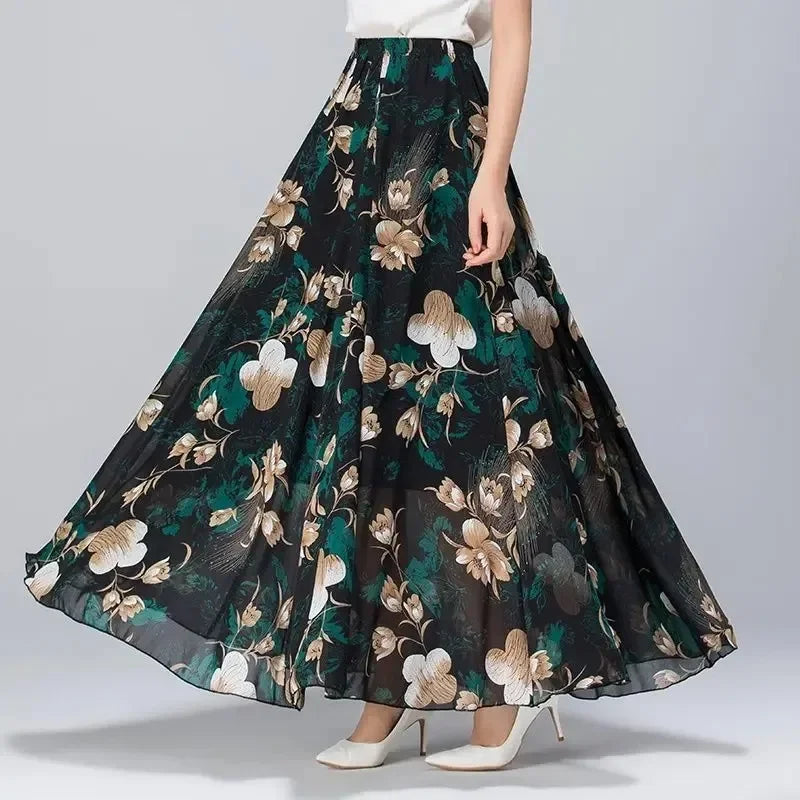 PTKPCC New Chiffon Floral Maxi Summer Skirt Women Long High Waist Holiday Dance Skirt Elegant Beach Boho Hot Sale  Skirts