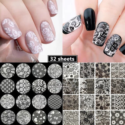 Black  White Lace Rose Nails Foil Stickers Black  Flowers Design Manicure Nail Art Transfer Paper Nails Art Decals