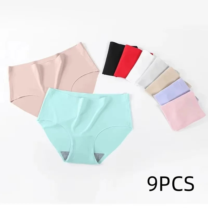 9 Pcs Seamless Ice Silk Panties for Women Breathable Soft Comfort, Solid Color Teen Girls Panty, One-Piece Design