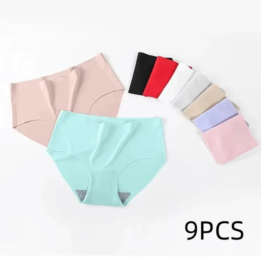 9 Pcs Seamless Ice Silk Panties for Women Breathable Soft Comfort, Solid Color Teen Girls Panty, One-Piece Design