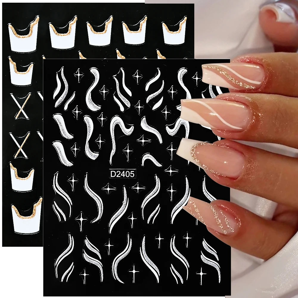 1pcs Gold Glitter French Design Nail Stickers White Silver Curve Lines Stripe Wave Nail Decals Slider Reflective Manicure Wraps