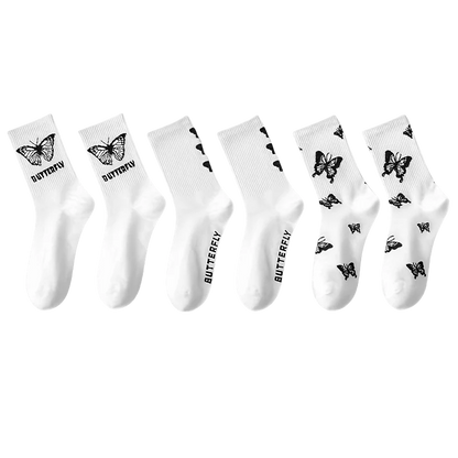 3/6/7 Pairs of Women Mid Length Stockings Set in Black And White With Butterfly Pattern Popular and versatile Sweat Absorption