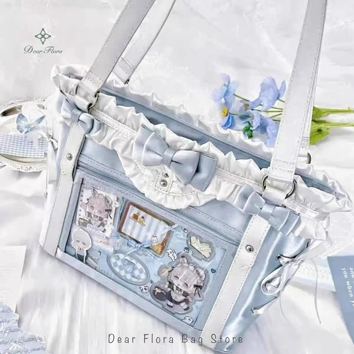Japanese Sweet Women Ribbon Ita Bag Cute Lolita Girl Transparent Handbags Fashion Large Capacity Tote Bag Aesthetic Shoulder Bag