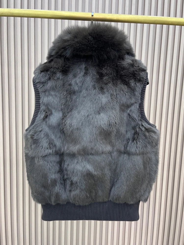 Women's Genuine Real Rabbit Fur Vest Coat Knitting Winter Fox Fur Collar Fur Jacket Casual Short Outwear Slim with Zipper