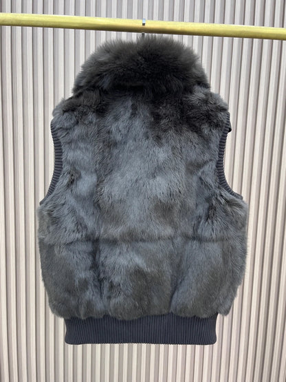 Women's Genuine Real Rabbit Fur Vest Coat Knitting Winter Fox Fur Collar Fur Jacket Casual Short Outwear Slim with Zipper