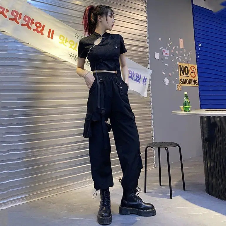 Casual Pants Women Cargo Korean Style Solid Spring Young Ladies Elastic Waist Popular Street Wear  Simple Ins Cozy Cool