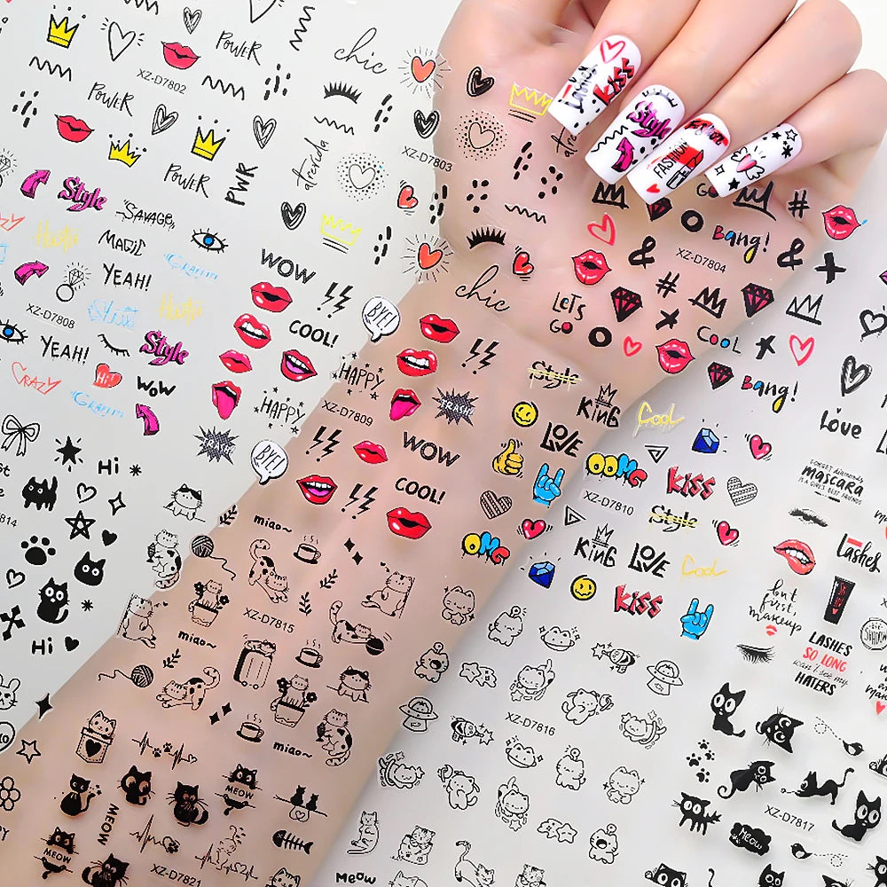 30pcs/set 3D Cartoon Cat Nail Art Stickers Black Graffiti Animal Bow Star Heart Nail Decals Kawaii Self-adhesive Manicure Slider