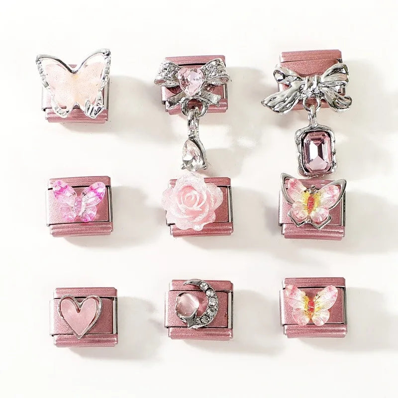 2025 New Women Romantic Pink Cherry Heart Shiny CZ Italian Charm Links Fit 9mm Bracelet Stainless Steel DIY Making Jewelry Gifts
