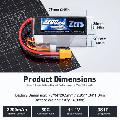 2pcs Zeee 3S 2200mAh Shorty Lipo Battery 11.1V 50C with T/XT60 Plug for RC Car Truck Drone Airplane FPV RC Hobby Models Parts