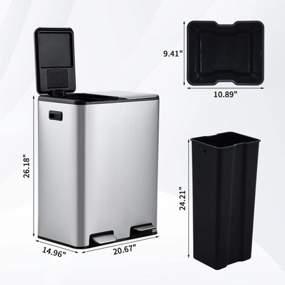 2 * 30L Stainless Steel TrashCan Dual Classification Foot Pedal Bins - Soft Close Lid/Removable Liner Buckets Recycling Solution