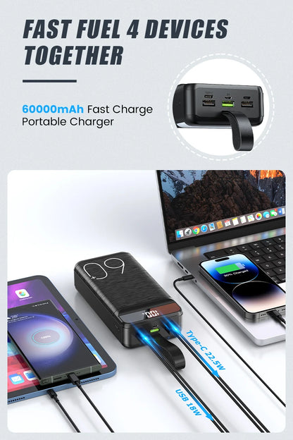 hganus 60000mAh Power Bank QC PD3.0 22.5W Fast Charging Powerbank Portable Charger External Battery For iPad iPhone Xiaomi