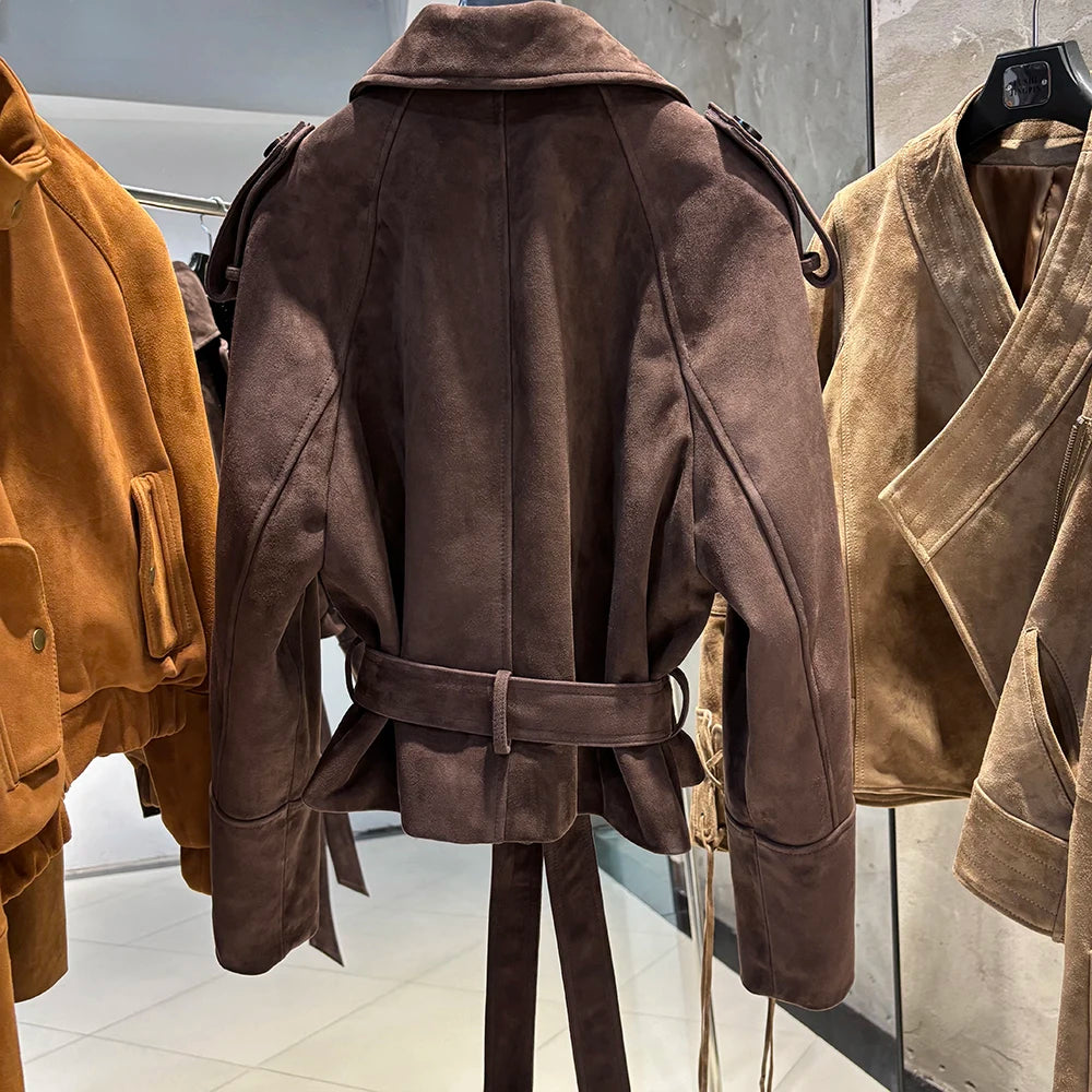 YOLOAgain Vintage Grain Leather Jacket Women Real Leather Sheepskin Jacket With Belt