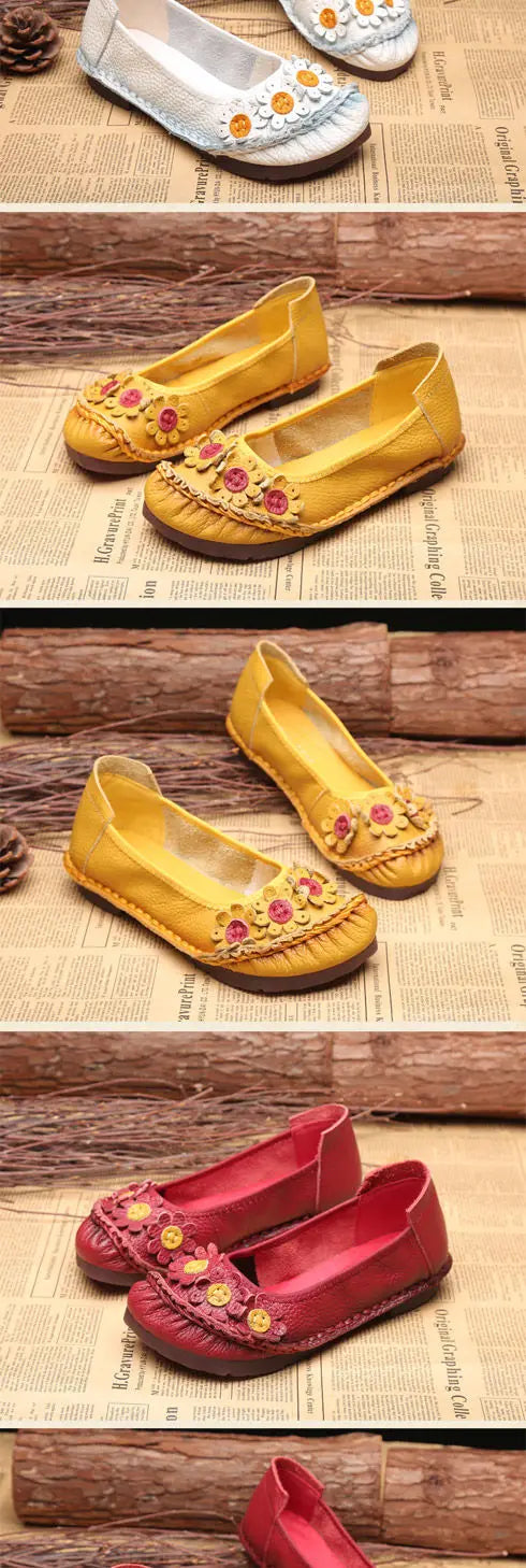 Vintage Flower Moccasins Woman Genuine Leather Ballet Flats Ladies Hollow Slip Ons Women's Luxury Loafer Purple Walking Shoes 42