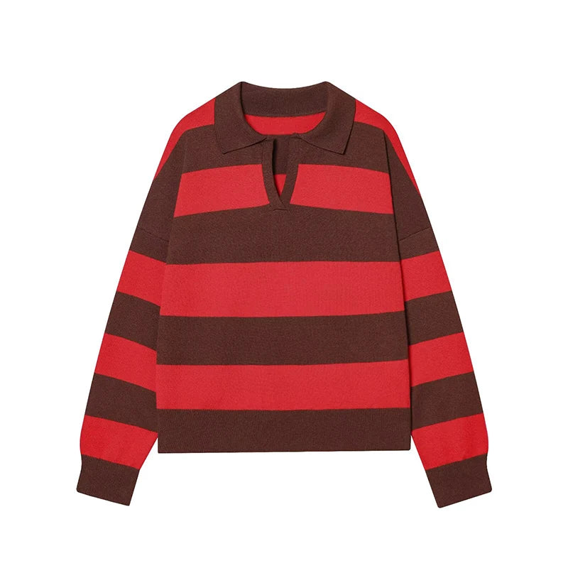Sweater knitted Pullover Women's Spring 2026 New Fashion Striped Loose Polo neck Warm Women Sweater Chic Youth Holiday Pullover