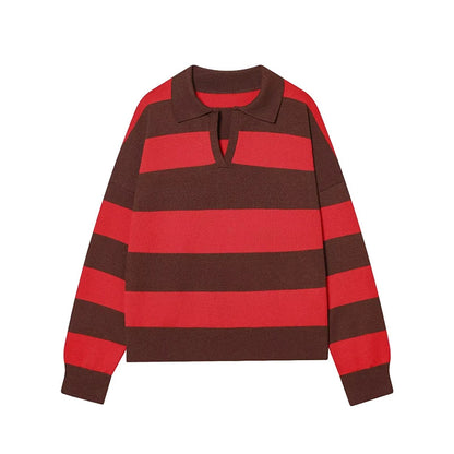 Sweater knitted Pullover Women's Spring 2026 New Fashion Striped Loose Polo neck Warm Women Sweater Chic Youth Holiday Pullover