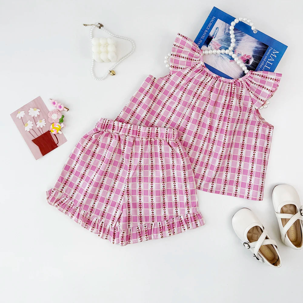 Girls' Summer Fashion Set Children's Flower Print Flying Sleeve Top+Shorts Two Piece Cute Little Girl Refreshing Set