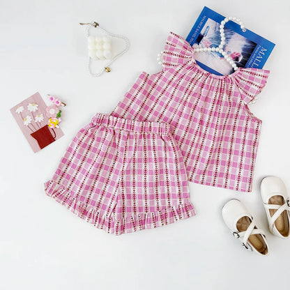 Girls' Summer Fashion Set Children's Flower Print Flying Sleeve Top+Shorts Two Piece Cute Little Girl Refreshing Set