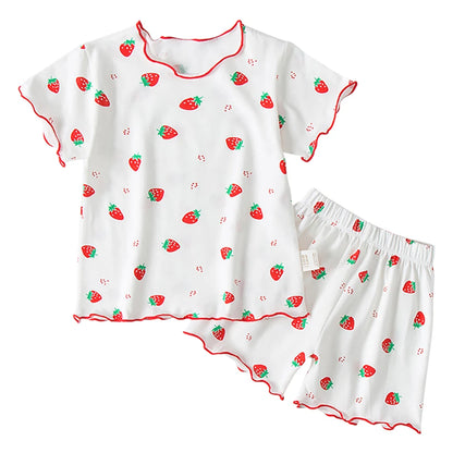 Baby Girl Strawberry Pajamas Set Summer Short Sleeve Thin Two Piece Toddler Kids Sleepwear Infant Home Wear Clothes