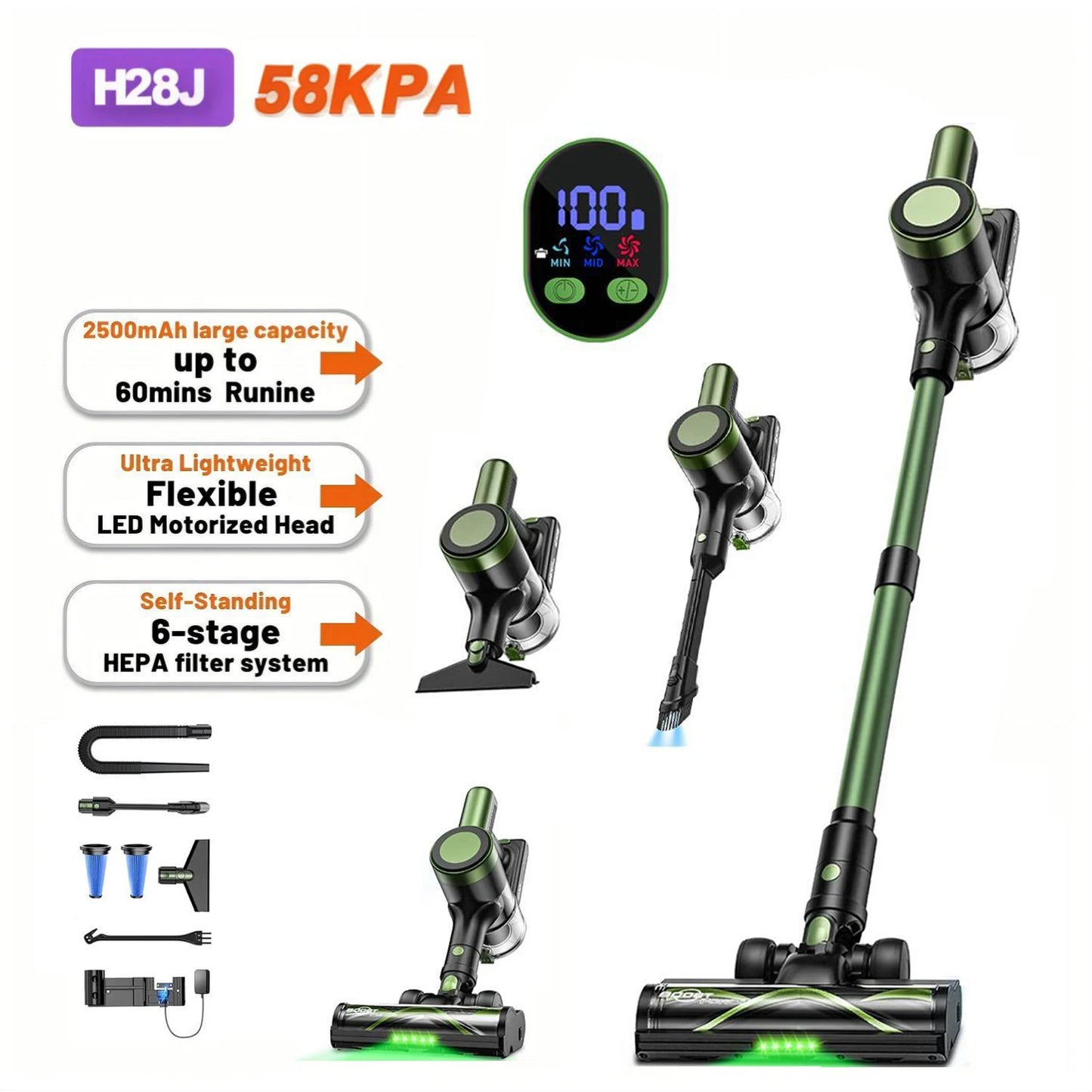 Cordless Vacuum Cleaner,Self-Standing，10-in-1/58Kpa/55Mins Stick Vacuum with LED Lighting Brush Vacuum  for Pet/Hair/Carpet