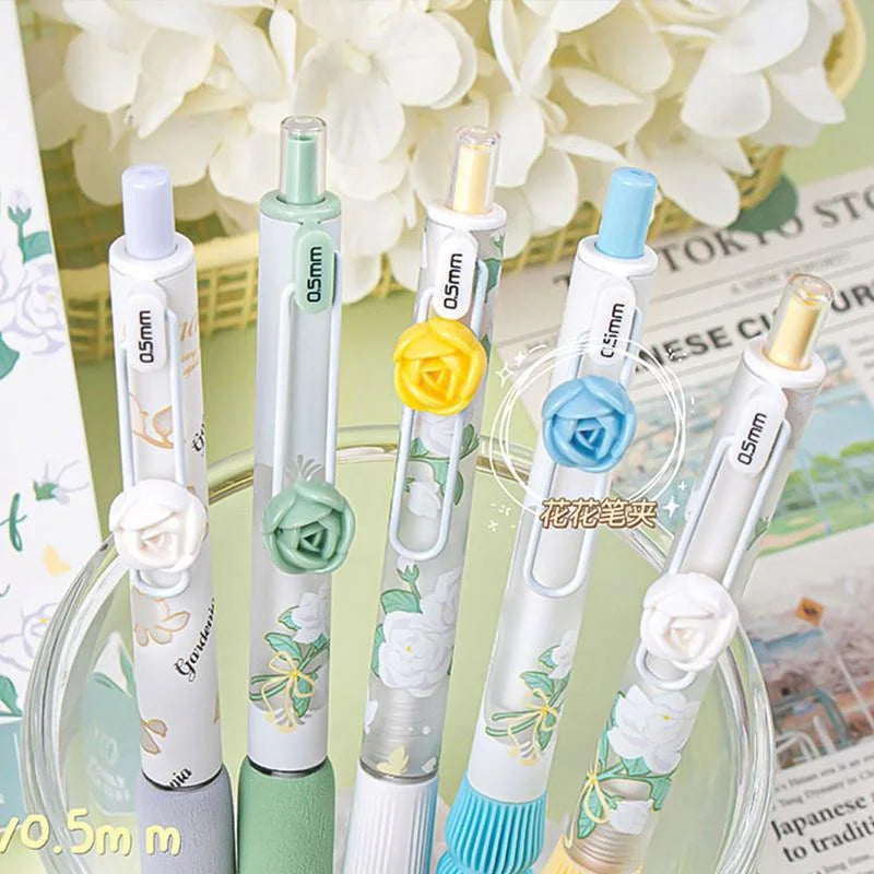 5Pcs Creative Rose Series 0.5mm Gel Pen Set Ultra Soft Silicone Pen Grip Quick-Drying Ink Pen Office Signature Pen