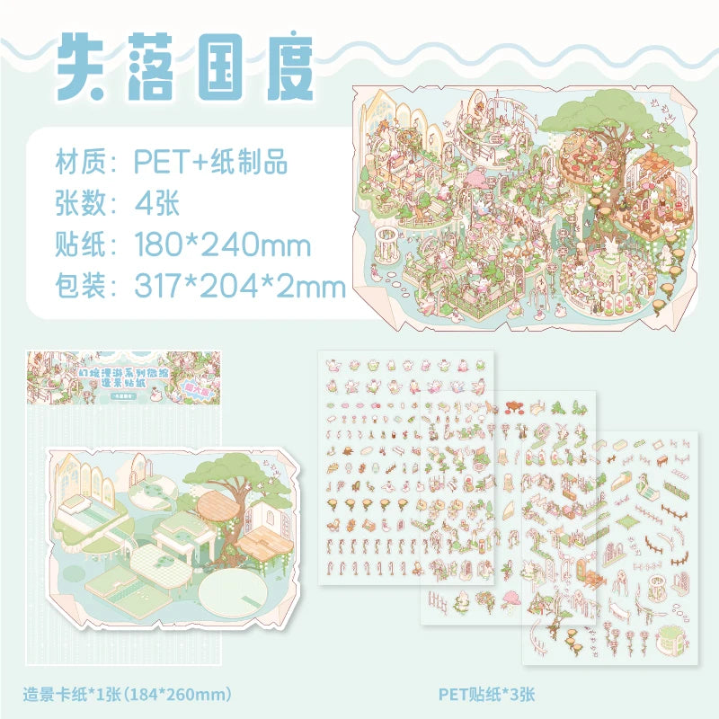 4 pcs Cartoon Miniature Scene 3D Landscaping Stickers DIY Cabin Scene Stacking and Pasting Hand Account Cute Gift for Kid Child