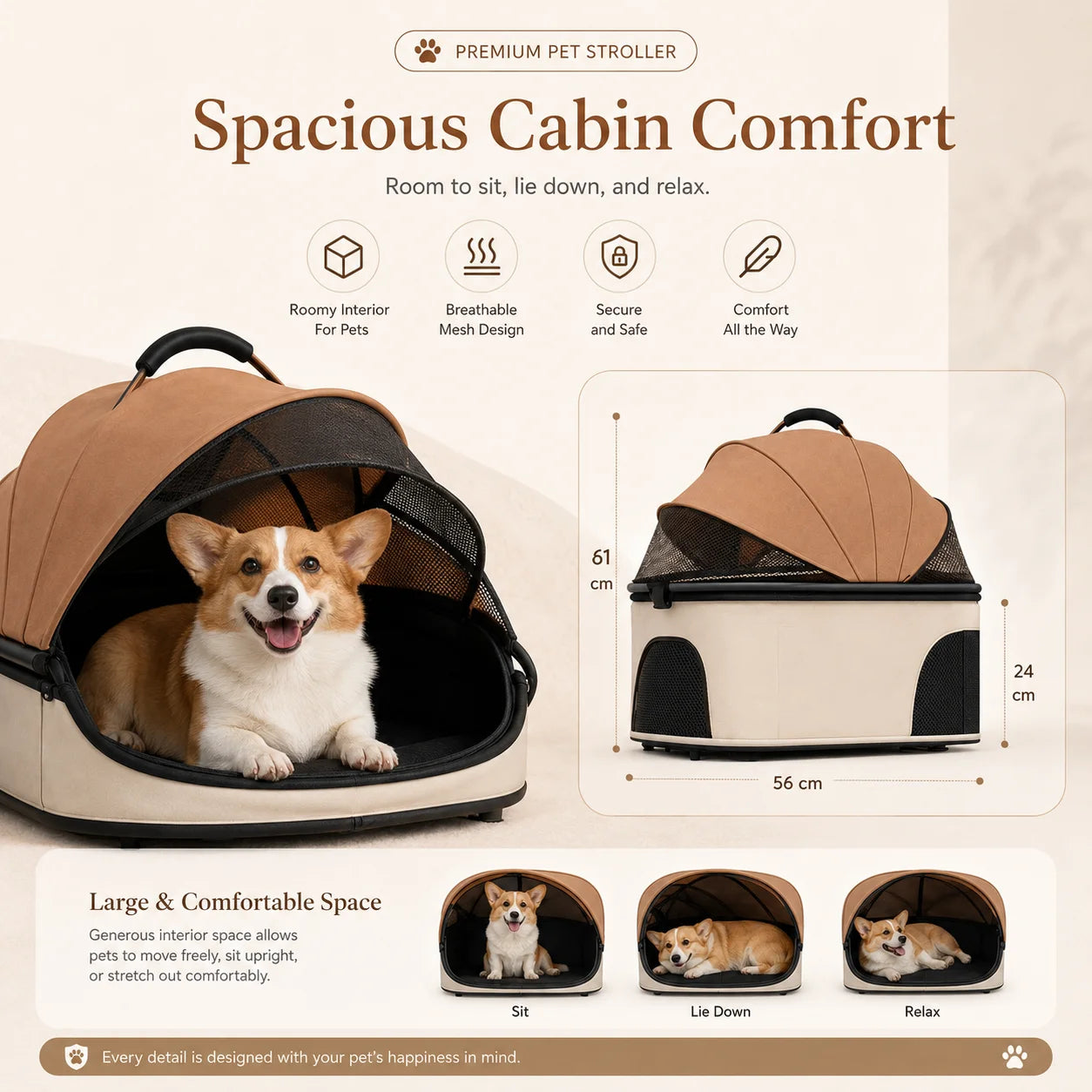 Foldable Pet Stroller Detachable Cabin Large Lower Basket Breathable Mesh Canopy For Cats Small Dogs Portable Travel Carrier