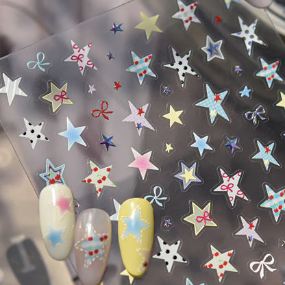 Grid Patterned Star Bowknot Cherry Polka Dot Line Colorful Geometric Five-pointed Star Adhesive Nail Art Sticker Manicure Decal