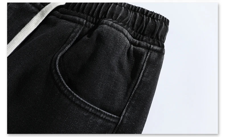 Men's Thicke Fleece Straight Jeans Winter Velvet Thermal Nostalgia Washing Denim Pants Streetwear Elastic Waist Loose Trousers