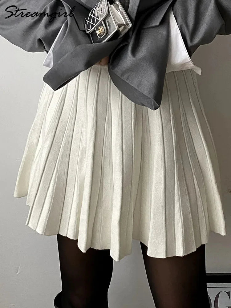 Autumn Knit White Mini Pleated Skirts For Women A Line Skirt Gray High Waist Women Knitted Pleated Short Skirts Korean Fashion