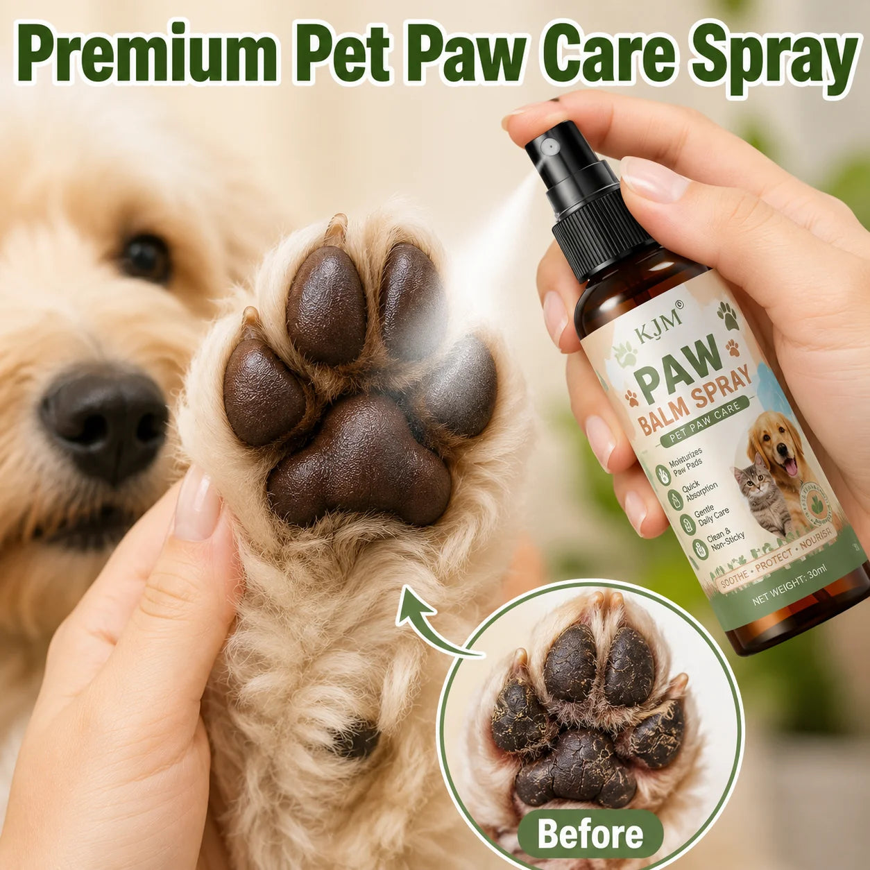 KJM Pet Paw Care Spray For Dogs And Cats 5 In 1 Moisturizing No Rinse Travel Formula For Dry Cracked Paw Pads All Breeds