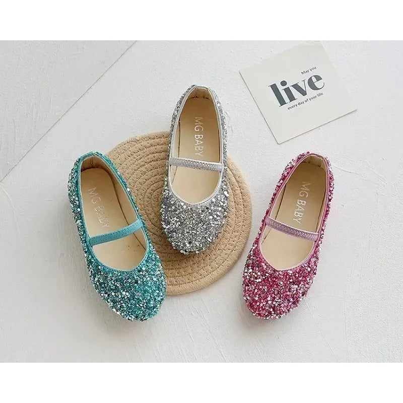 2025 Spring 1 to 12 years old girls dress shoes Beauty Pointed Toe Teen Girl Leather Shoes Bling Princess Wedding Shoes