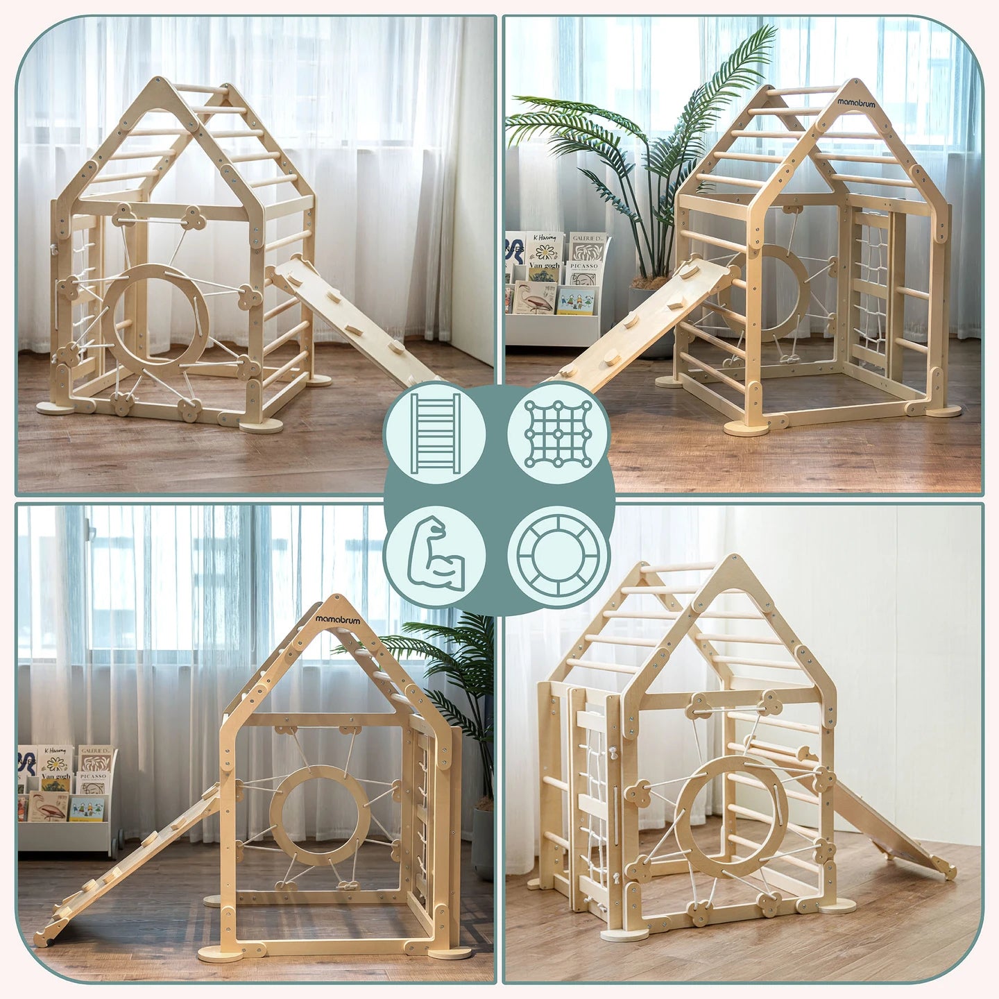 Mamabrum Large Wooden Square Play House Climbing With Slide Ladder for Children 3 + Montessori Large Motorite