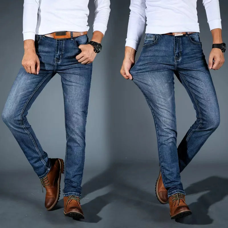 Men Fashion Straight Jeans Men 2025 New Stretch Slim Fit Pants Comfortable Soft Business Denim Trousers Male Brand Clothing