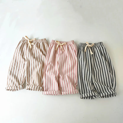 Children's Clothing Linen Cotton Shorts Summer Girls Boys Stripe Pants Kids Baby Casual Vintage Loose Short Pant Girl Clothes