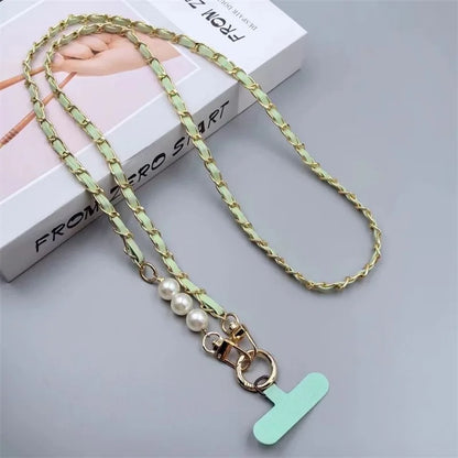Pearl Leather Chain Mobile Phone Strap Long Crossbody Anti-Loss Shoulder Cord with Metal Pendant for Women