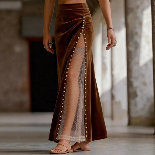 Women's Vintage Slit Colorblock Solid Color Beaded Mesh Casual Skirt for Women Female Clothing Woman Clothes Women's Fashion