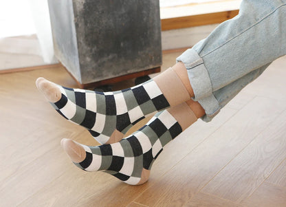 5 Pairs/Lot Combed Cotton Men's Socks Compression Fashion Colorful Square Happy Dress Men Casual Business Grid Gentleman British