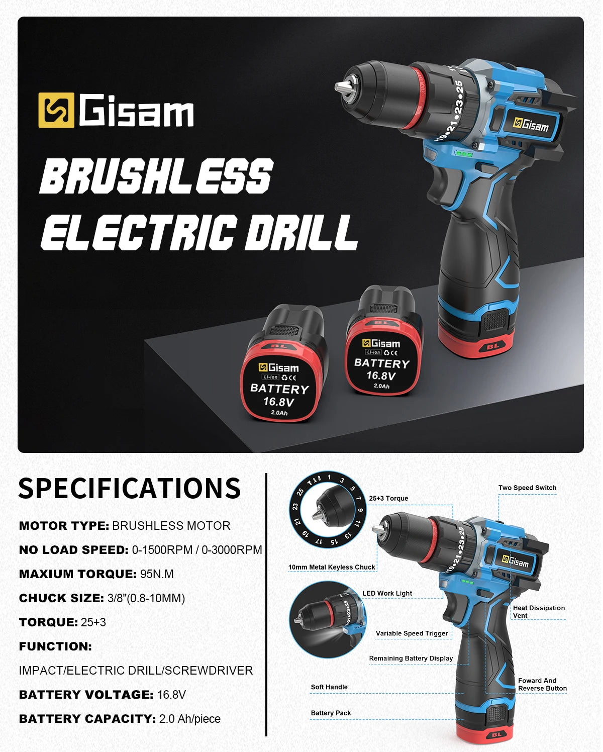 Gisam 95NM Brushless Electric Impact Drill 25+3 Torque 3 in 1 Cordless Electric Screwdriver Portable Power Tools For Home Woodwo