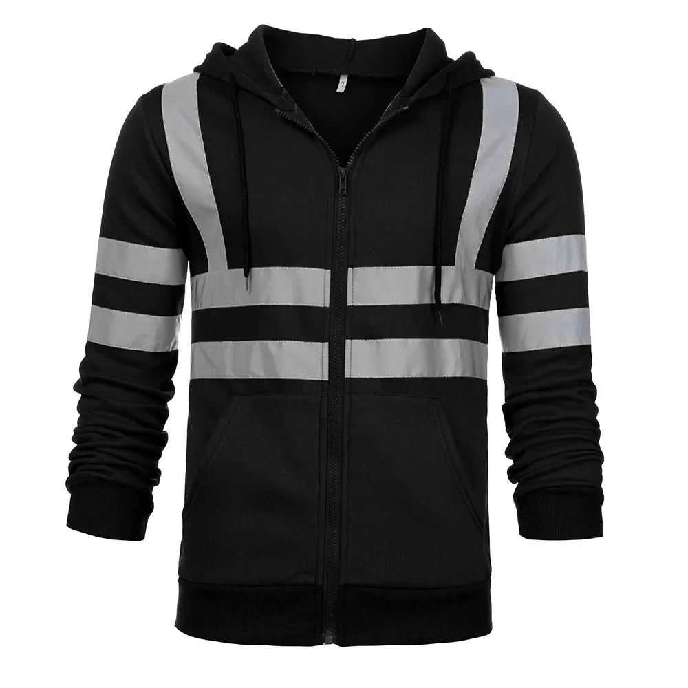 Men Reflective Strip Hoodies Casual Fit Work Safety Jackets Autumn Thin Fleece Hooded Zipper Sweatshirt Coats Workwear For Men