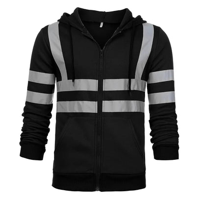 Men Reflective Strip Hoodies Casual Fit Work Safety Jackets Autumn Thin Fleece Hooded Zipper Sweatshirt Coats Workwear For Men
