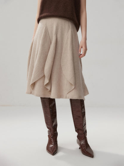 French 100% Pure Cashmere Skirt Ruffle Irregular A-line Soild Midi Sirt Autumn Winter Women Elegant Pleated  Knit Dress Fashion