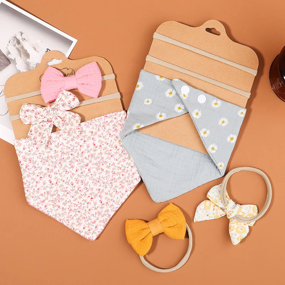 3Pcs/Set Muslin Cotton Print Bib Newborn Bows Headband Triangle Saliva Towel Infant Boy Girl Feeding Burp Baby Hair Accessories