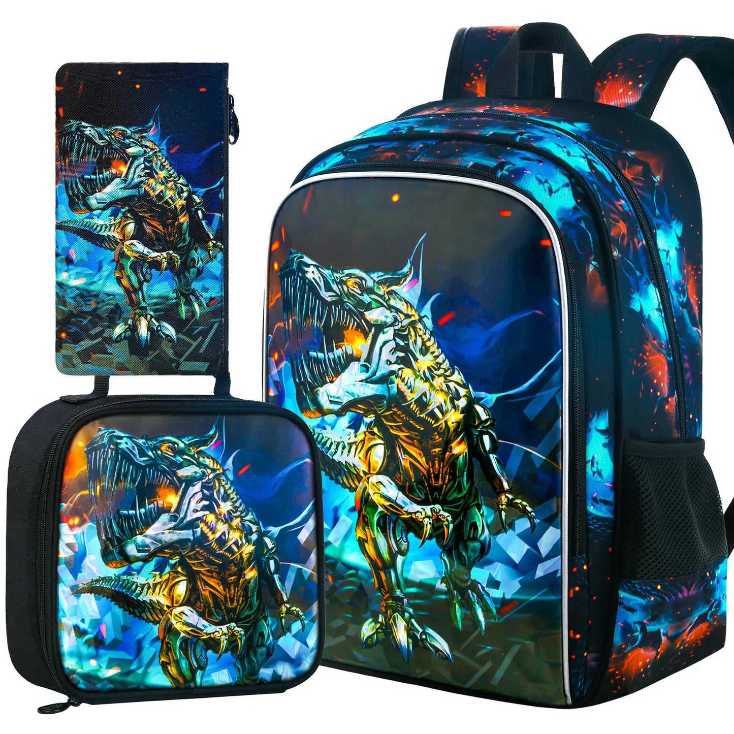 3PCS Backpack for Boys, 16 Inch Dinosaur Preschool Bookbags, Cool Elementary Kindergarten School Backpacks