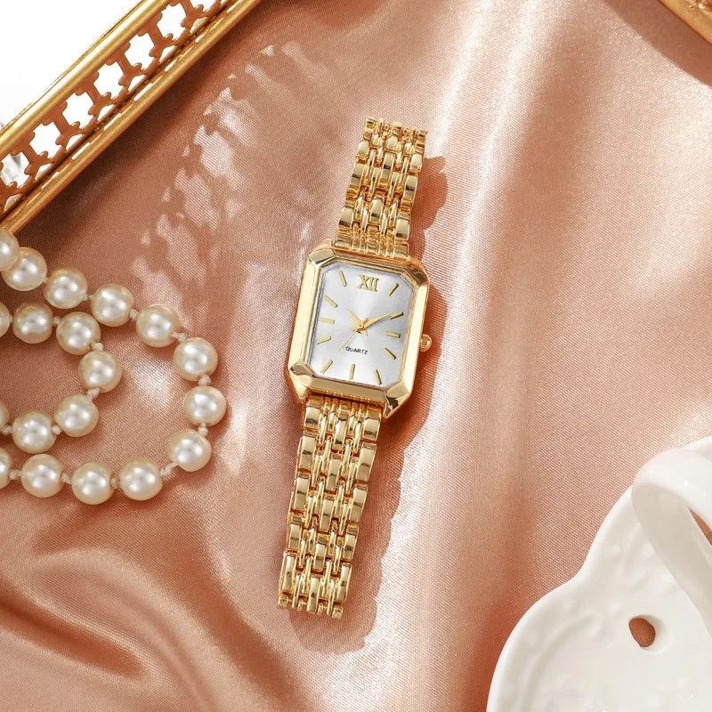 5PCS Womens Elegant Rectangle Rhinestone Quartz Watch Jewelry Set Fashion Women Watches Reloj Mujer Girl Clock Gift（Without Box）